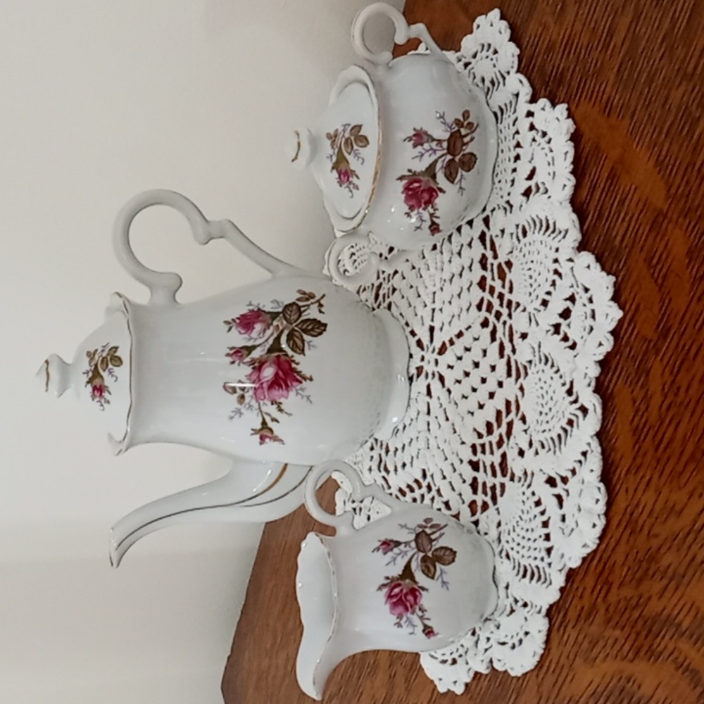Vtg. Rose Tea Pot Cream and Sugar Set